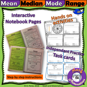 Preview of Mean, Median, Mode and Range Student Notes, Hands on Activities and Task Cards