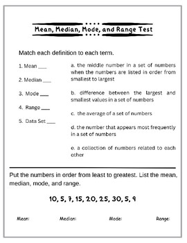 Preview of Mean, Median, Mode, and Range Study Guide and Test for Algebra Students
