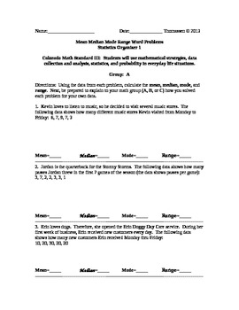 Preview of Mean Median Mode and Range Word Problem Organizers 1-3