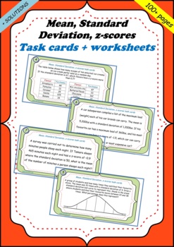 Preview of Mean, Standard Deviation, z-scores task cards (40 Task cards) with solutions.