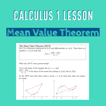 Preview of Mean Value Theorem (MVT) - Differential Calculus I Lecture Lesson Notes
