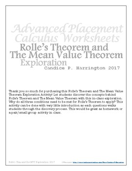 Preview of Mean Value Theorem and Rolle's Theorem Exploration with Solutions
