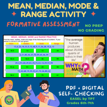 Preview of Mean, median, mode and Range Self-checking Digital Activity + PDF