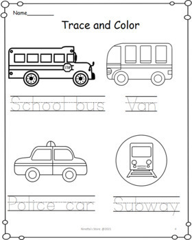 Means of Transportation (Vehicles) Tracing Worksheet