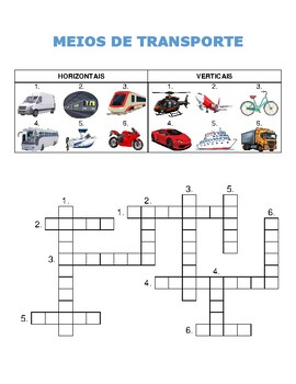 Preview of Means of transportation crossword in Portuguese