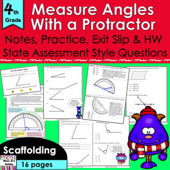 Preview of Measure Angles with a Protractor notes, CCLS practice, exit slip, HW, review