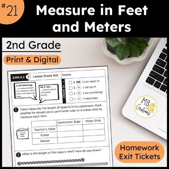 Preview of Measure Feet and Meters Worksheet & Slides L21 2nd Grade iReady Math Exit Ticket