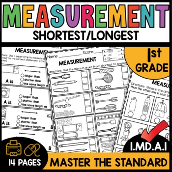 Preview of 1st Grade Measurement Worksheets Longer Shorter Nonstandard Comparing 1.MD.A.1