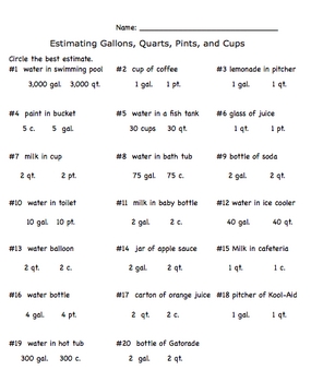 Preview of Measurement Estimation Gallon, Quarts, Pints, Cups Worksheet