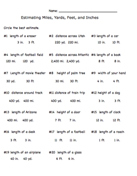 Preview of Measurement Estimation Inch, Feet, Yards, Miles Worksheet