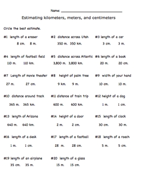 Measurement Estimation US Customary and Metric System Worksheet Pack