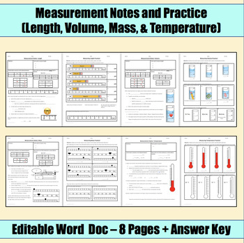 Preview of Measurement Notes and Practice (Length, Mass, Volume, Temperature)