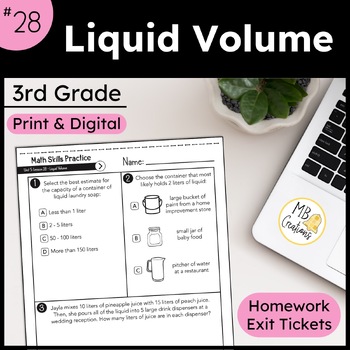 Preview of Measurement Problems Liquid Volume Worksheet L28 Grade 3 iReady Math Exit Ticket