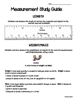 Preview of Measurement Study Guide -- Elementary Math