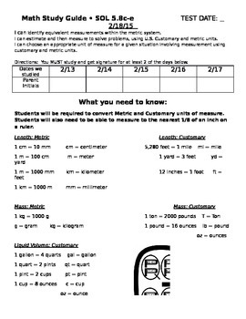 Preview of Measurement Study Guide Va Math SOL 5.8c-e