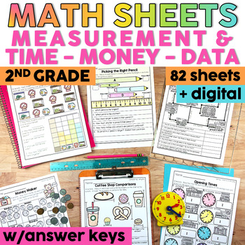 Preview of Math Worksheets 2nd Grade -Measurement Telling Time Money & Graphing Activities