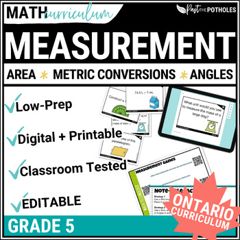 Preview of Ontario MEASUREMENT: Perimeter & Area of Triangle & Rectangle Metric Conversions