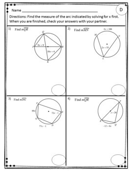 Measures of Arcs in Circles Partner Practice by Blue Mountain Math