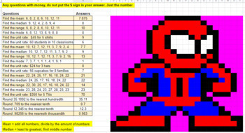 Preview of Measures of Central Tendencies, Unit Rate, Rounding Mystery Pixel Art Activity