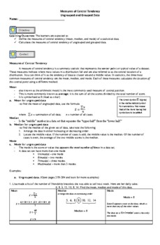 Preview of Measures of Central Tendency Ungrouped and Grouped Data (lesson and Activities)