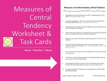 Measures Of Central Tendency Mean Median Mode Worksheet Task Cards