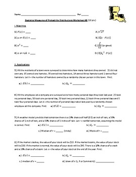 Preview of Measures of Probability Distributions Worksheet #3