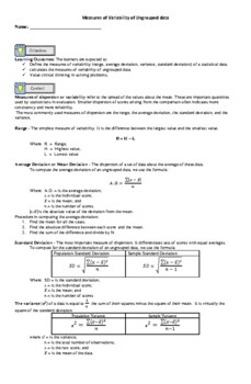 Preview of Measures of Variability of Ungrouped data (Lesson and Activity)