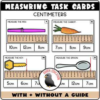 Preview of Measuring Centimeters Task Cards (With Guide + Without | Length | Using Rulers)