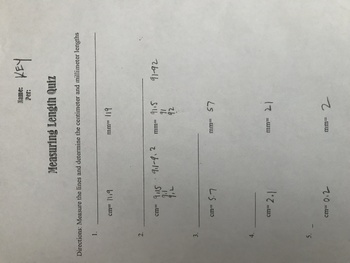 Preview of Measuring Length Lines Quiz/Key