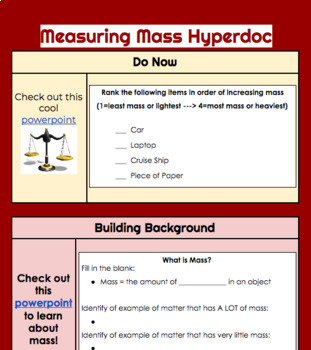 Preview of Measuring Mass Hyperdoc (Google Doc) and Google Slides Lesson