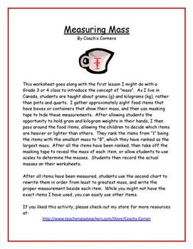 Measuring Mass Worksheet | Metric Units by Coach's Corner | TpT