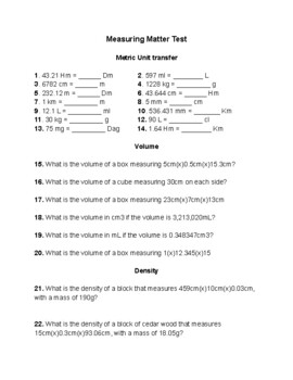 Measuring Matter test/Metric Conversions/Volume/Density by Dexter Gouger