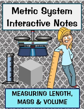 Preview of Measuring Metrics review Length, Mass, Volume notes including station practice