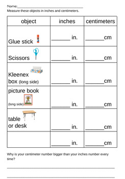 Preview of Measuring classroom objects in INCHES and CENTIMETERS & find difference