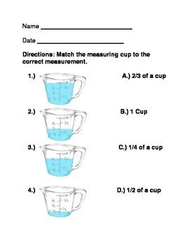 Measuring In Cups Matching Worksheets By Special Ed Teacher S Corner
