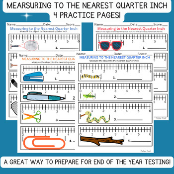 Preview of Measuring to the nearest quarter inch, Measuring Practice, 4 Versions, Fractions