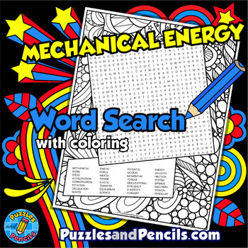 Preview of Mechanical Energy Word Search Puzzle Activity with Coloring | Energy Wordsearch