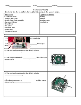 Preview of Mechanisms Quiz (PLTW Gateway AR)