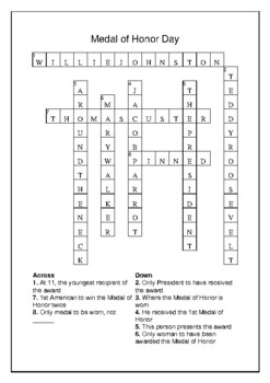 Medal of Honor Day March 25th Crossword Puzzle Word Search Bell Ringer