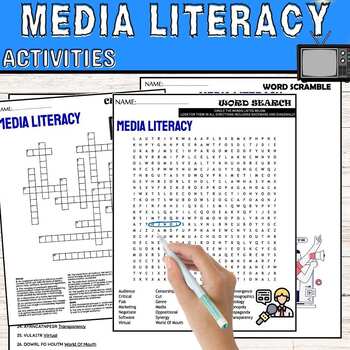 Preview of Media Literacy Fun Worksheets,Puzzles,Wordsearch & Crosswords