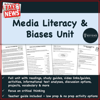 Preview of Media Literacy and Biases Unit | Grades 8+ | Critical Thinking | PBL