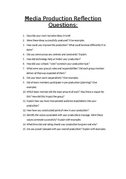 Preview of Media Production Reflection Questions