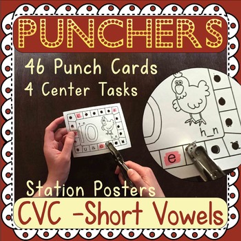 Preview of Medial Vowel Sounds: CVC Hole Punch Task Cards - 4 Activities