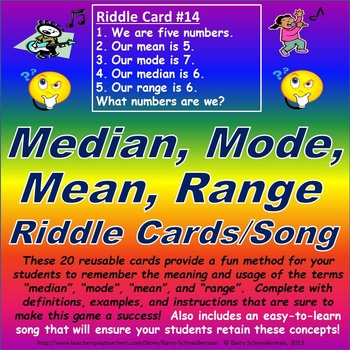Preview of Median, Mode, Mean, Range Riddle Card Challenge (Song Included!)