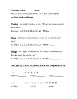 Preview of Median Mode Range Statistics Review Math Worksheet