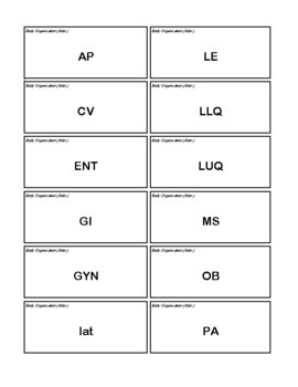 Preview of Medical Terminology Flash Cards: Abbreviations sorted by Body Systems