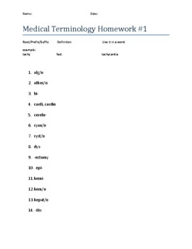 Preview of Medical Terminology Homework or In-Class Activity