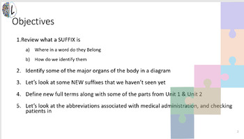 Preview of Medical Terminology Unit 3 Suffixes Objectives List