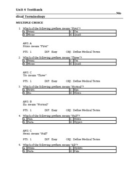 Preview of Medical Terminology Unit 4 PREFIXES Testbank questions