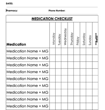 Preview of Medication Checklist FREEBIE for WORD